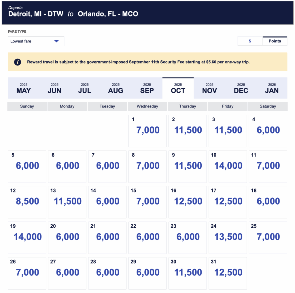 Southwest low fare calendar (in points) for October 2025 on flights between DTW and MCO.